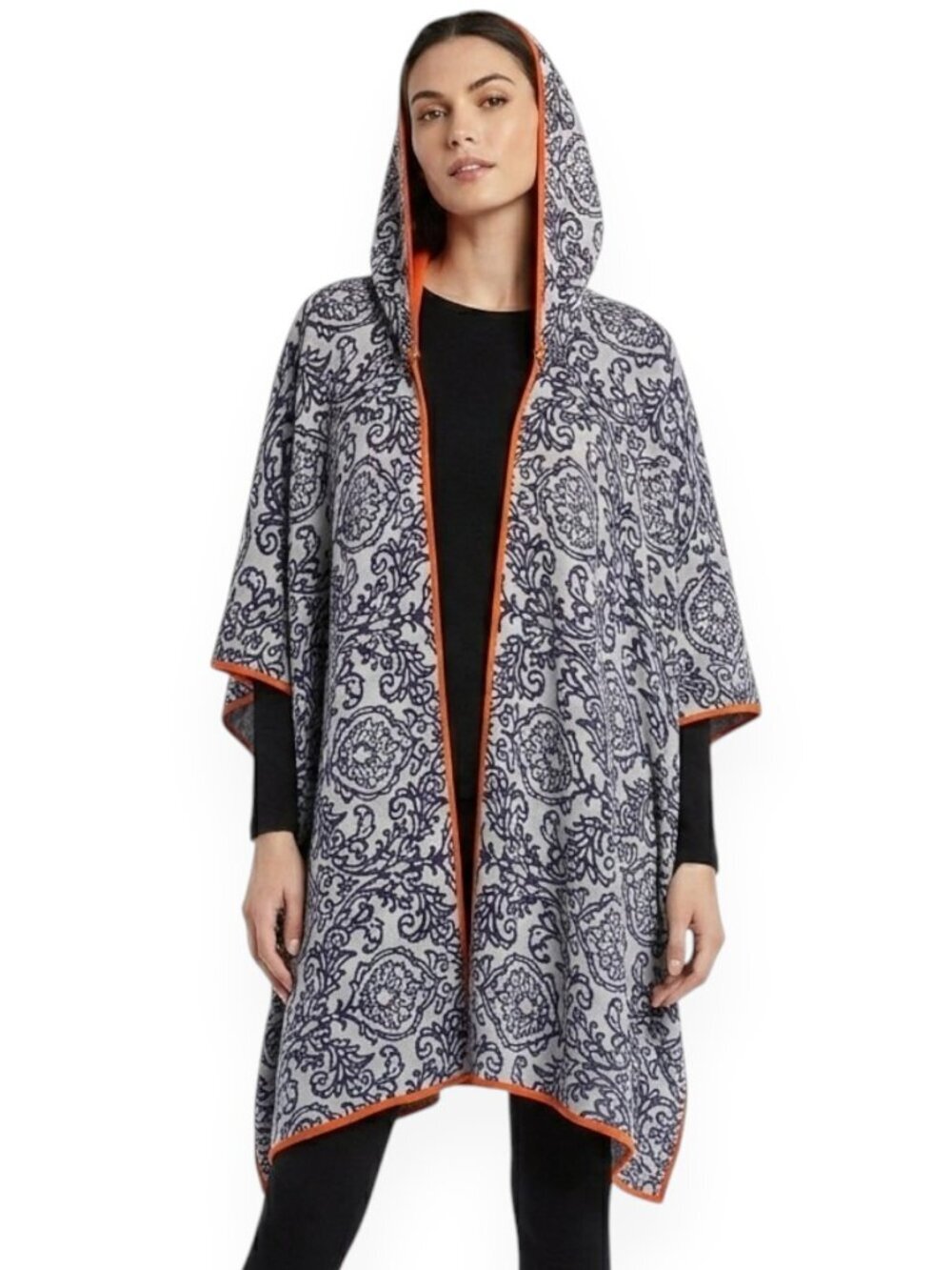 Knitwit 100% Cashmere Poncho Hoodie Indigo Damask Pattern with Removable Hood OS
